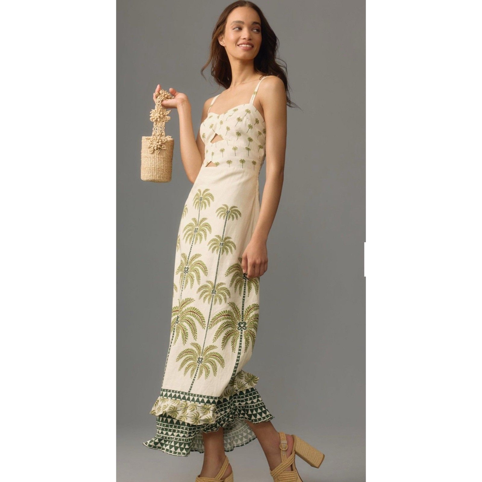 Farm Rio Anthropologie Maxi Dress Sleeveless Ruffle Hem Vacay Preppy Size Xl Nwt